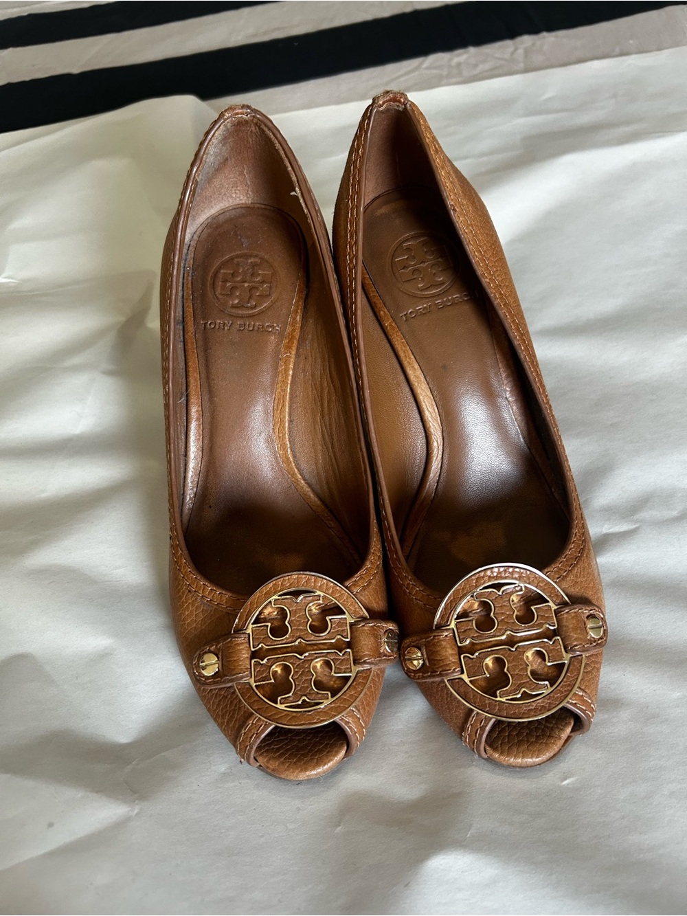 Tory Burch Brown Leather Peep-Toe Heels with Logo Medallion